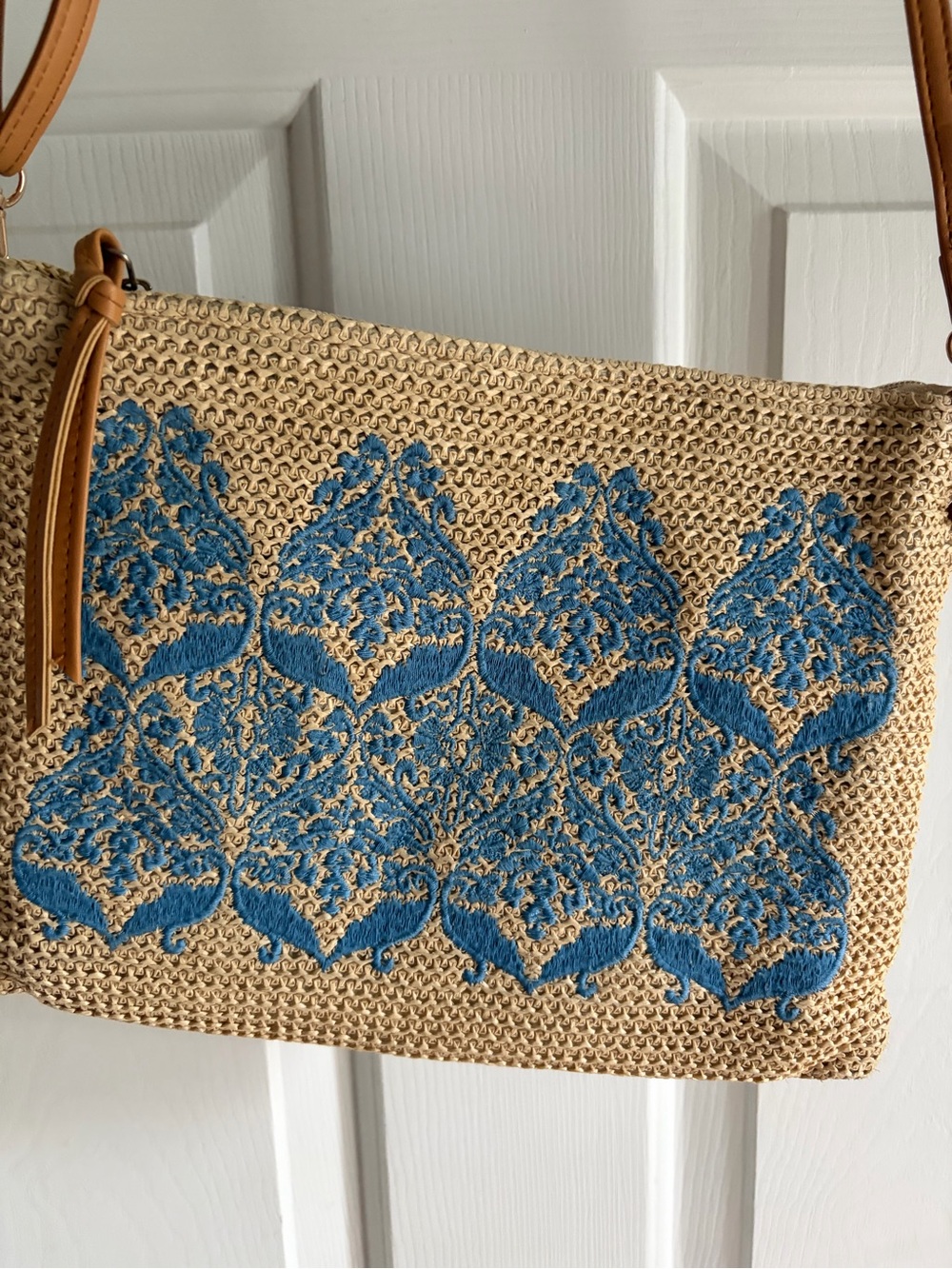 Tan Straw Crossbody Bag with Blue Pattern